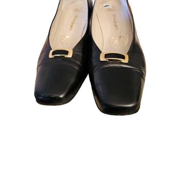 El Corte Ingles block Heels size 7 made in Spain black leather gold‎ tone detail - Picture 4 of 10